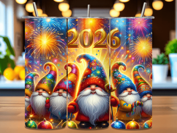 2026 New Year Gnomes Tumbler Wrap PNG