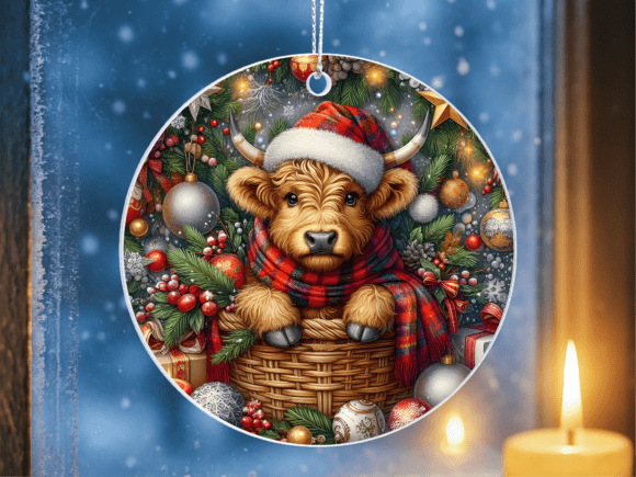 Highland Calf Santa Basket Ornament PNG