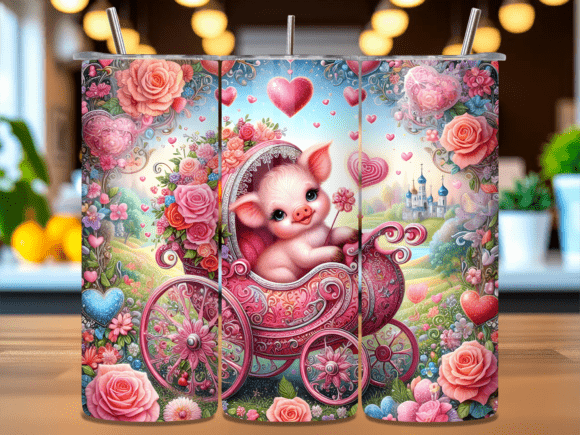 Pig in Stroller Floral Heart Tumbler PNG